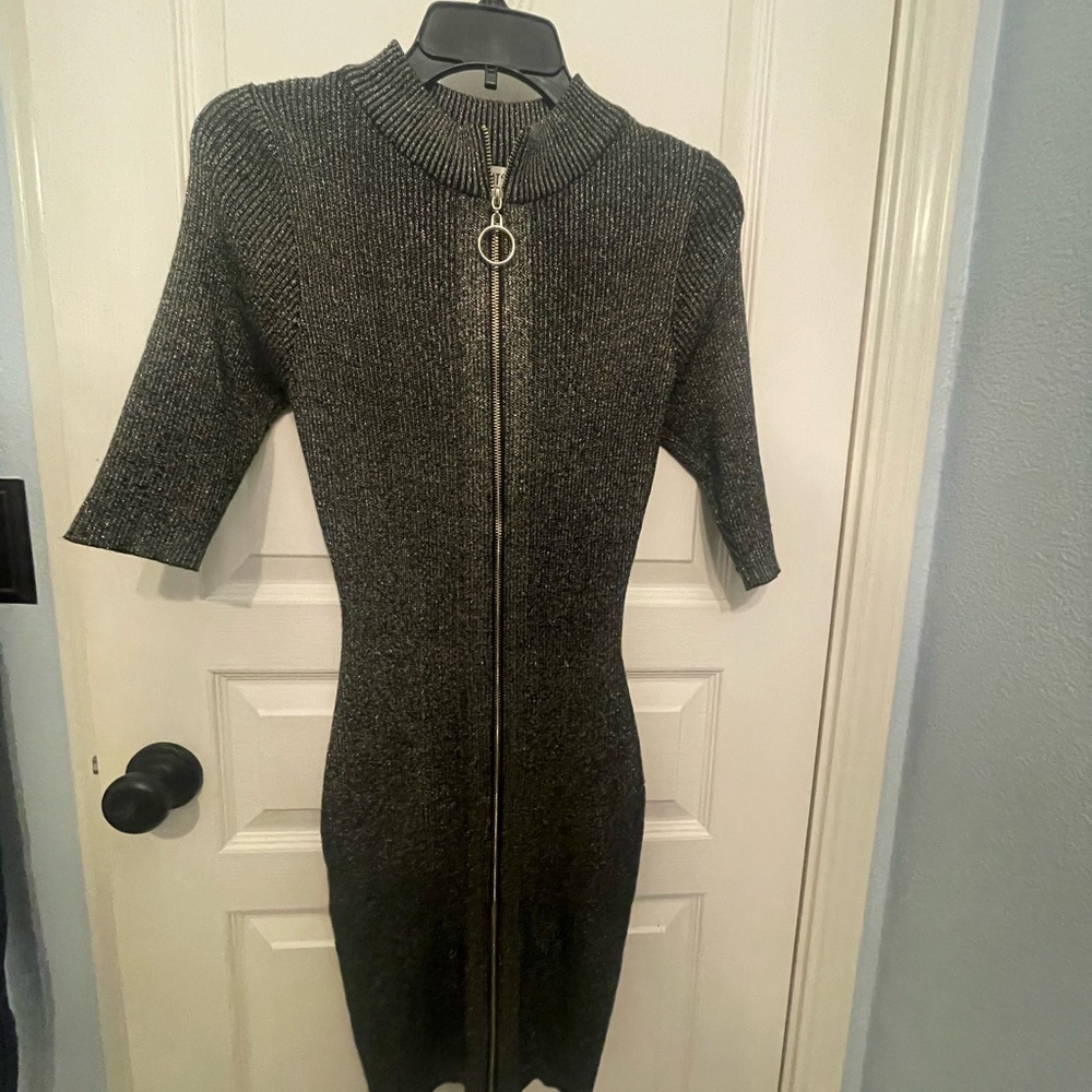 Say What? Metallic Gray Zipper Dress